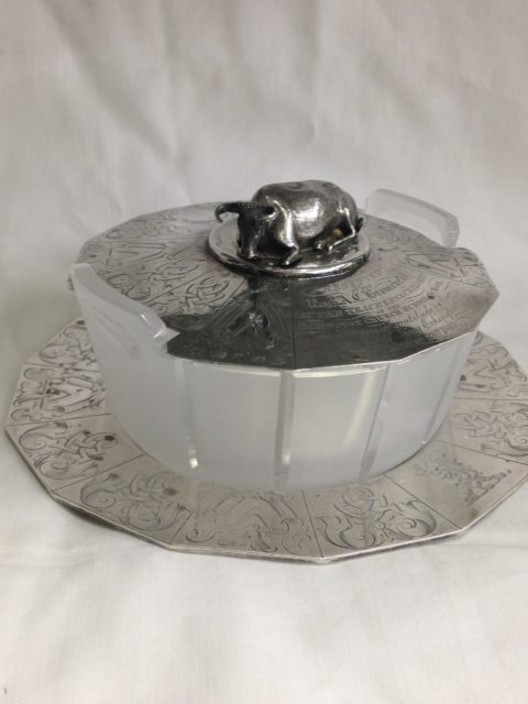 glass dish replaced and cut to size and pattern with silver lid