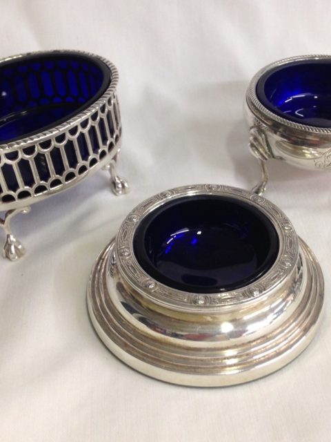 blue glassliners for silver mustard salt and butter dishes