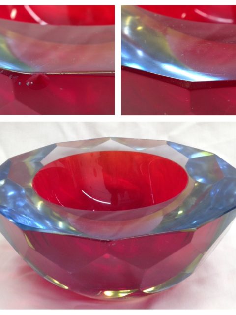 Chip in glass bowl removed reshaped and polished to create an invisible glass repair