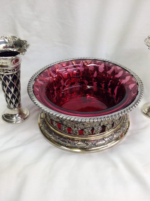 cranberry liner supplied and fitted to an antique silver dish ring