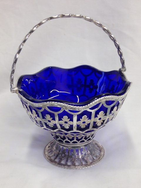 Blue silver sugar basket with new hand-blown and hand-cut liner