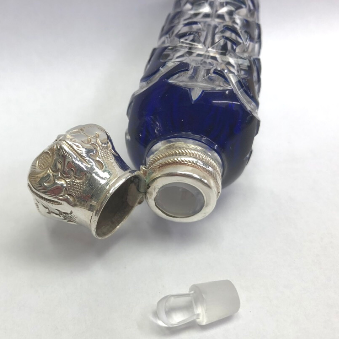 Cobalt blue overlay perfume bottle with hinged lid
