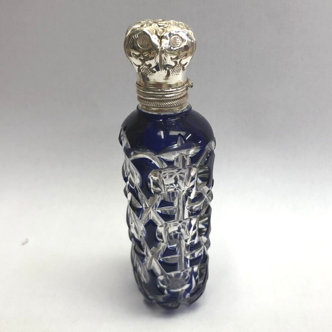 cobalt blue perfume bottle hand-cut overlay pattern